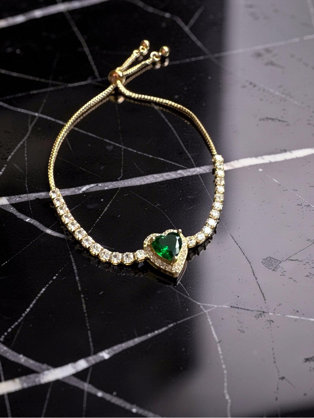 Gold Slider Bracelet with Green Heart Crystal and Clear Accents - Picture 3 of 4
